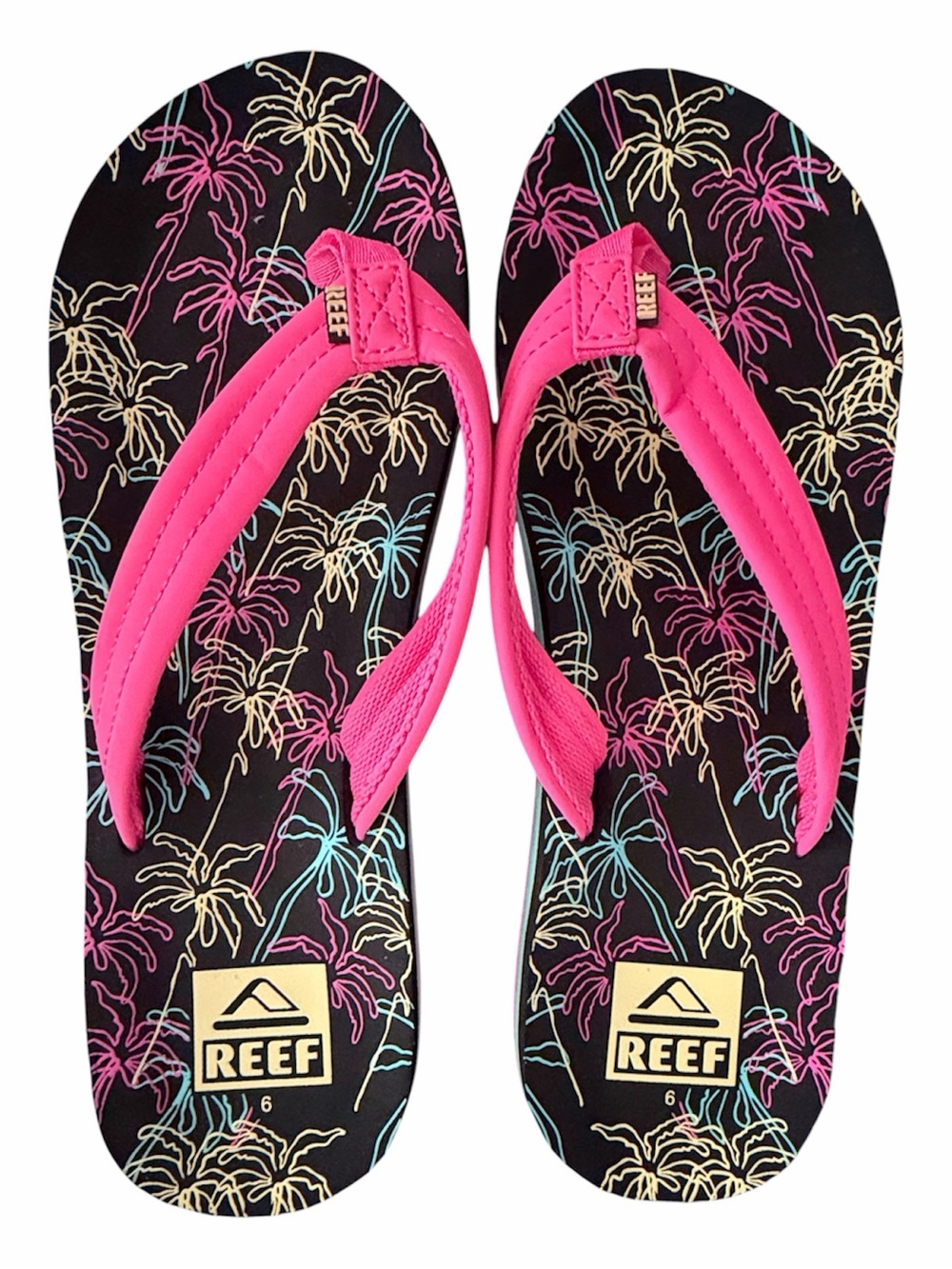 Reef Ahi Sandals Big Kids Size 6 Hot Pink Tropical Palm Tree Print Flip Flops